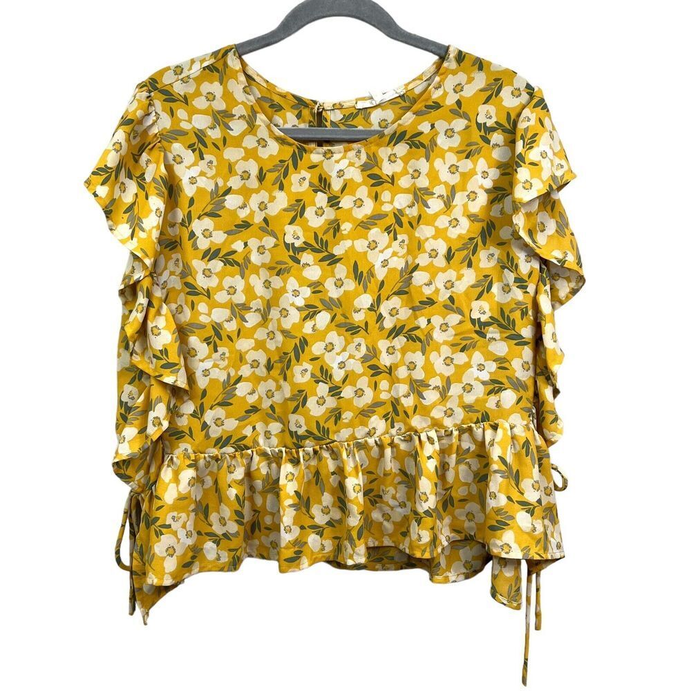 June & Hudson Womens Floral Blouse Top Ruffled Open Key Hole Back Yellow SZ* XL